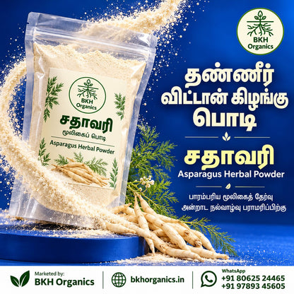 BKH Organics Thanneer Vittal Kizhangu / Shatavari Herbal Powder (தமிழ்: தண்ணீர் விட்டான் கிழங்கு பொடி / சதாவரி, తెలుగు: శతావరి పొడి / పిల్లిపీచర గడ్డల పొడి, ಕನ್ನಡ: ಶತಾವರಿ ಪುಡಿ, മലയാളം: ശതാവരി കിഴങ്ങ് പൊടി, ತುಳು: ಶತಾವರಿ ಕಿಲಂಗ್‌ದ ಪೊಡಿ) Asparagus racemosus powder pouch with fresh wild asparagus roots and wooden bowl near a scenic river waterfall