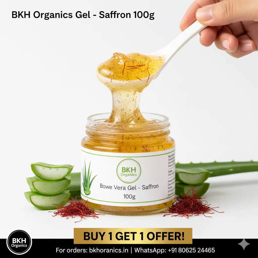 BKH Organics Saffron Gel jar with a spoonful of gel and aloe vera leaves on a white background