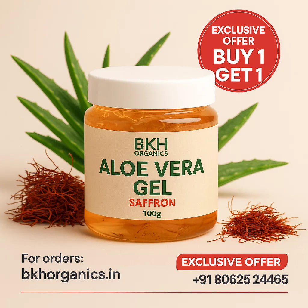 BKH Organics Aloe Vera Gel with Saffron packaging on a beige background with aloe vera leaves and saffron strands.