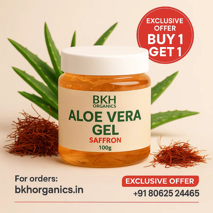 BKH Organics Aloe Vera Gel with Saffron packaging on a beige background with aloe vera leaves and saffron strands.