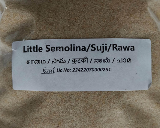 Label for Little Semolina/Suji/Rawa on a sandy background Samai Rava - BKH Organics