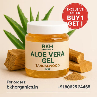 BKH Organics Aloe Vera Gel Sandalwood jar with aloe vera leaves and sandalwood pieces on a beige background.