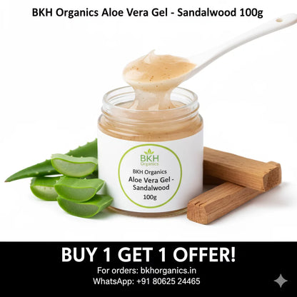BKH Organics Aloe Vera Gel with aloe leaves and a spoon on a white background