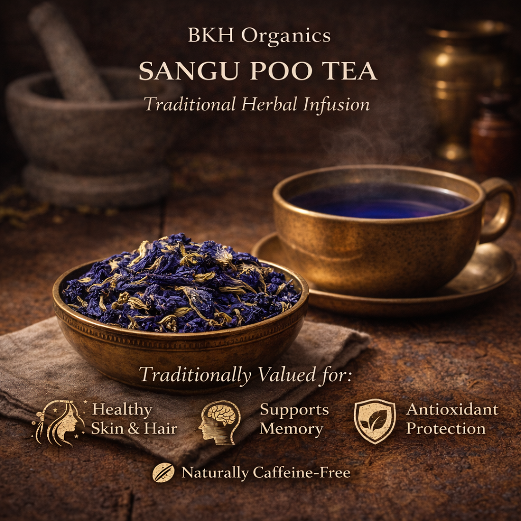 Bowl of Sangu Poo tea leaves with a cup of tea on a dark background, featuring BKH Organics branding.