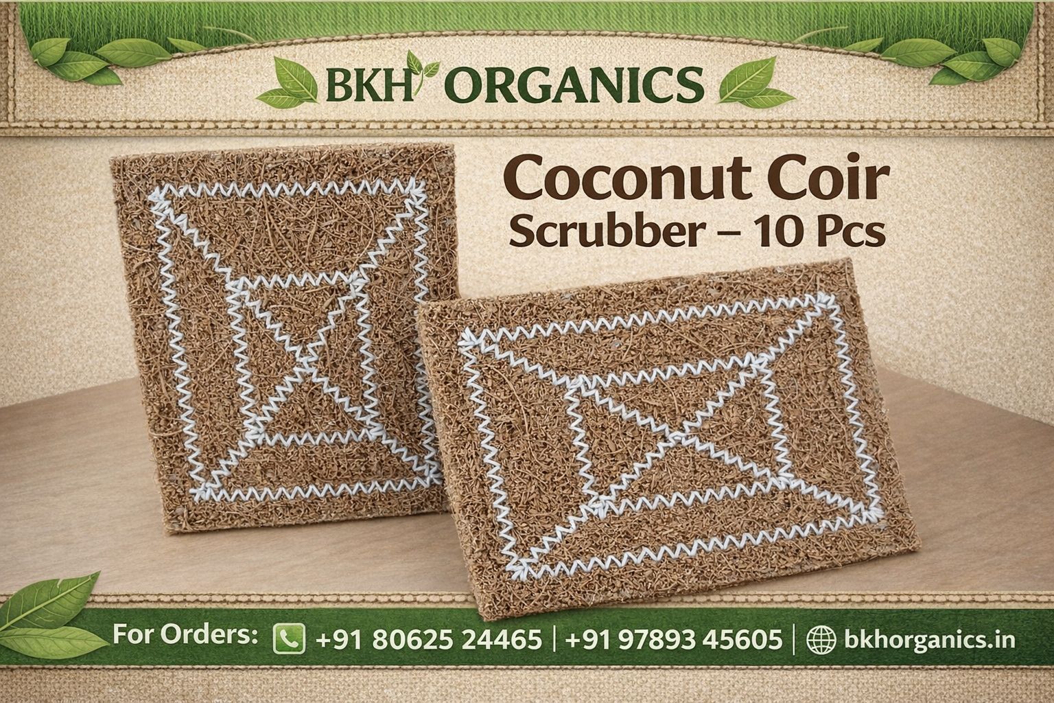 Coconut coir scrubber set with branding and contact information on a wooden surface. BKH Organics