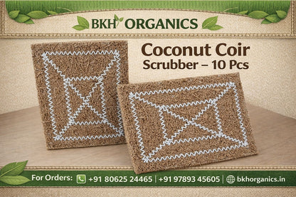 Coconut coir scrubber set with branding and contact information on a wooden surface. BKH Organics