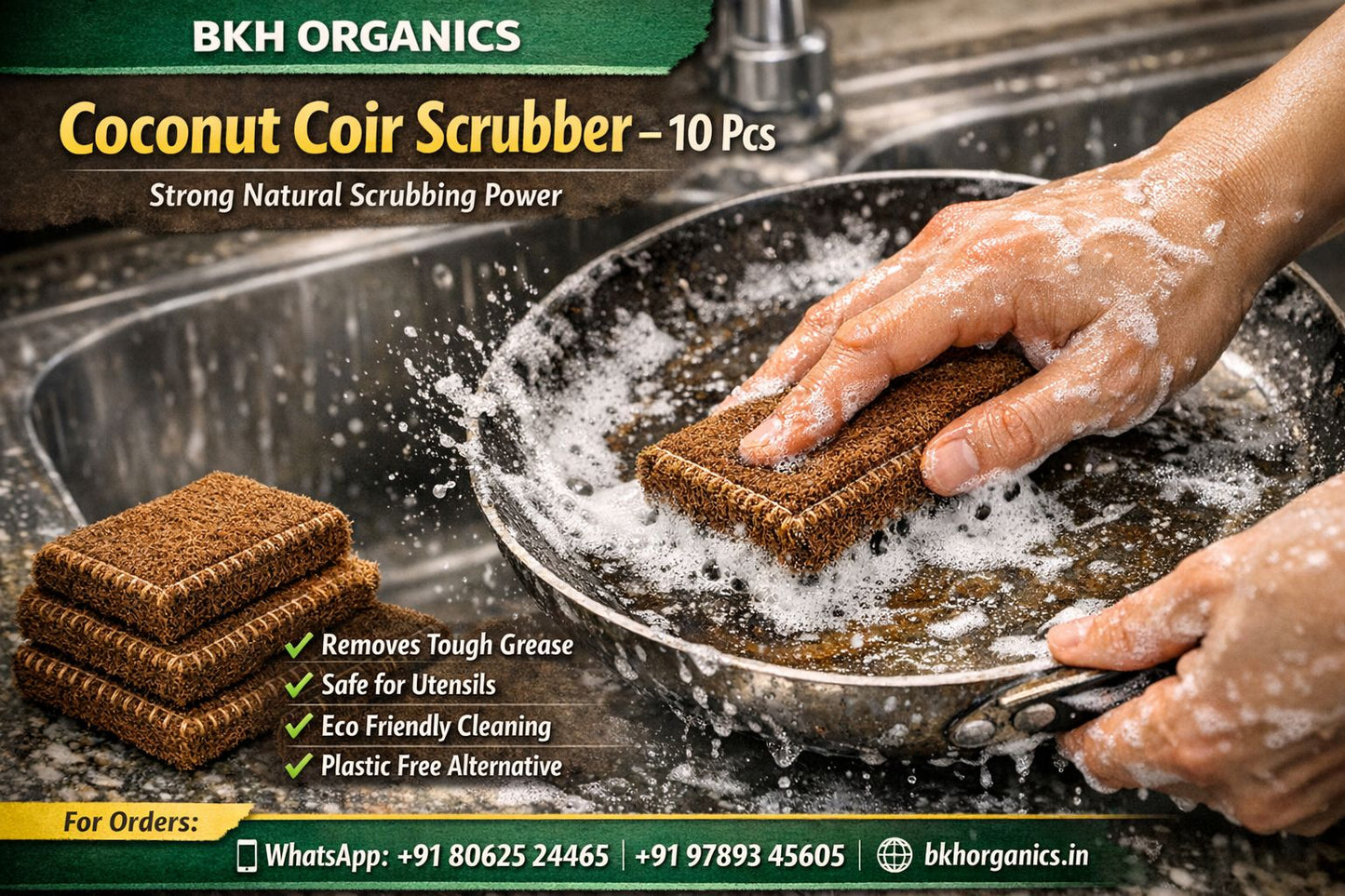 Coconut coir scrubber being used to clean a pan with BKH Organics branding.