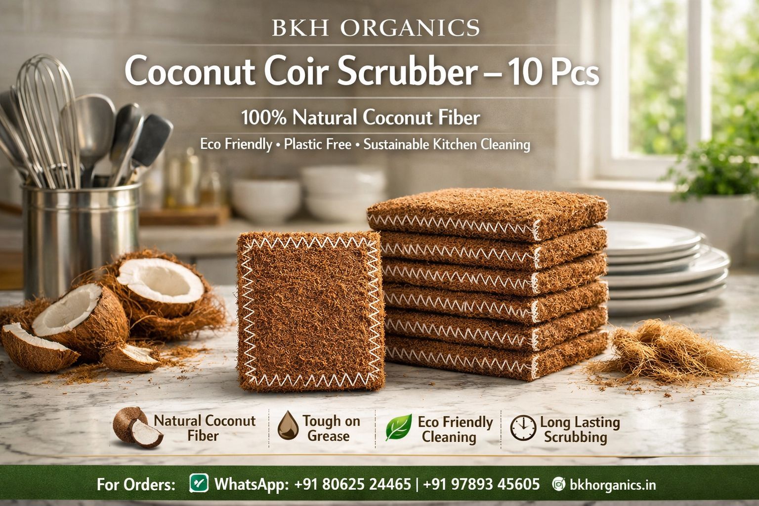 Coconut coir scrubber packaging with natural coconut fiber on a kitchen counter.  BKH Organics