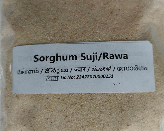 Sorghum Suji/Rawa package with a label on a beige background Solam Rava - BKH Organics