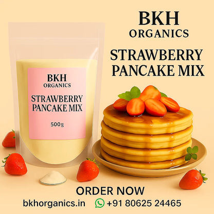 BKH Organics Strawberry Pancake Mix packaging with a stack of pancakes and strawberries on a beige background.