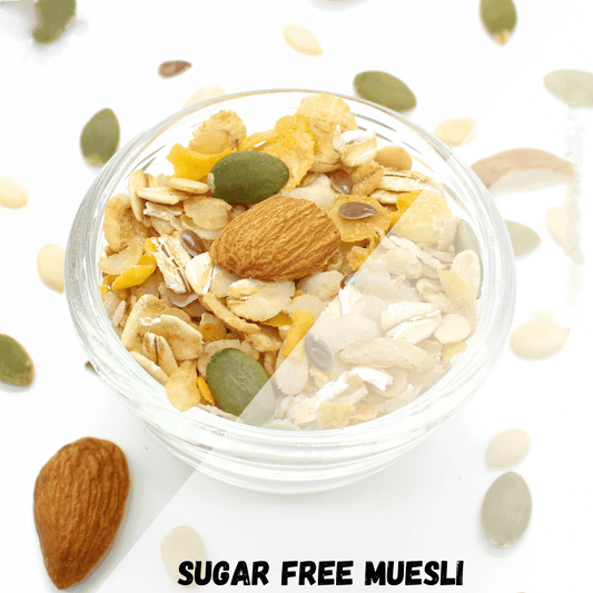 Glass jar of sugar-free muesli with almonds and seeds on a white background. Sugarfree Muesli 250g - BKH Organics