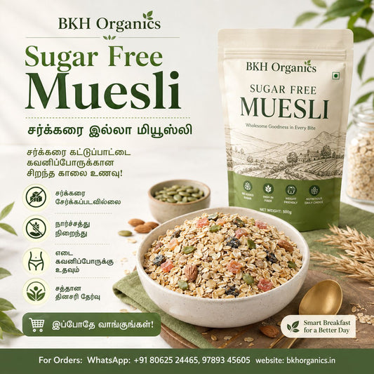 BKH Organics sugar-free muesli package with a bowl of muesli and ingredients on a light background.