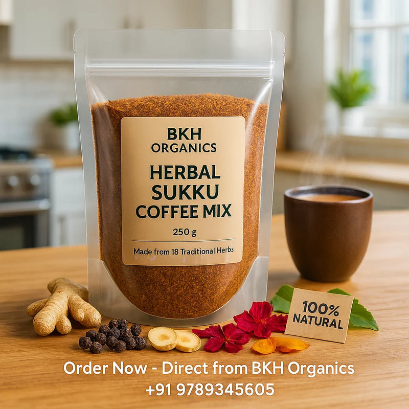 BKH Organics Herbal Sukku Coffee Mix packaging on a kitchen counter with a cup and ingredients.