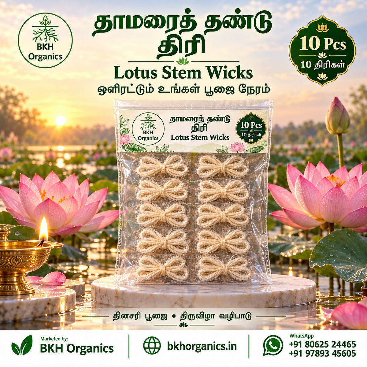BKH Organics Pure Lotus Stem Wicks / Thamarai Thandu Thiri (தமிழ்: தாமரைத் தண்டு திரி, తెలుగు: తామర కాడ వత్తులు, ಕನ್ನಡ: ಕಮಲದ ಹೂವಿನ ನಾರಿನ ಬತ್ತಿ / ತಾವರೆ ನಾರಿನ ಬತ್ತಿ, മലയാളം: താമര നൂൽ തിരി, ತುಳು: ತಾವರೆ ನಾರ್‌ದ ತಿರಿ) 10 pcs pooja wick pack displayed with lit brass oil lamp and blooming pink lotuses