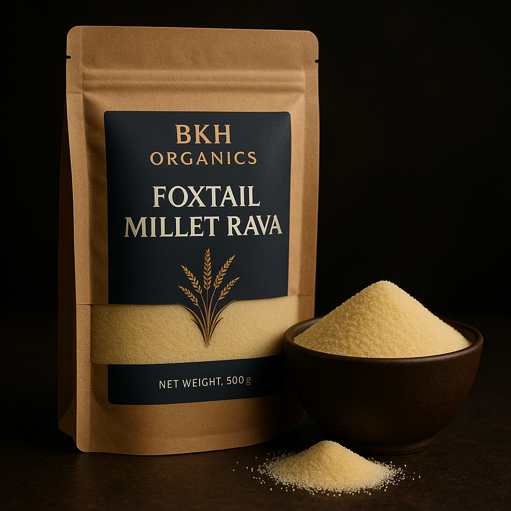 BKH Organics Foxtail Millet Rava package with a bowl of millet powder on a dark background, Foxtail Millet Semolina