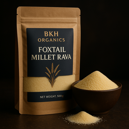BKH Organics Foxtail Millet Rava package with a bowl of millet powder on a dark background, Foxtail Millet Semolina