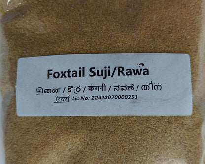 Packaged product labeled 'Foxtail Suji/Rawia' with a label on top. Thinai Rava - BKH Organics