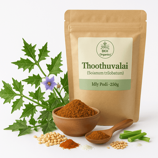 BKH Organics Thoothuvalai packaging with ingredients on a white background
