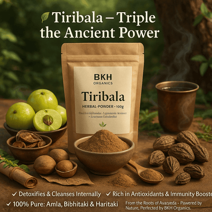 BKH Organics Tiribala herbal powder package with ingredients on a wooden surface