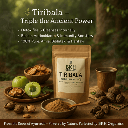 BKH Organics Tiribala herbal powder package with ingredients on a wooden table.