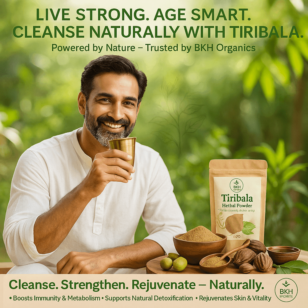 Man drinking from a cup with Tiribala herbal powder packaging and ingredients on a table outdoors.