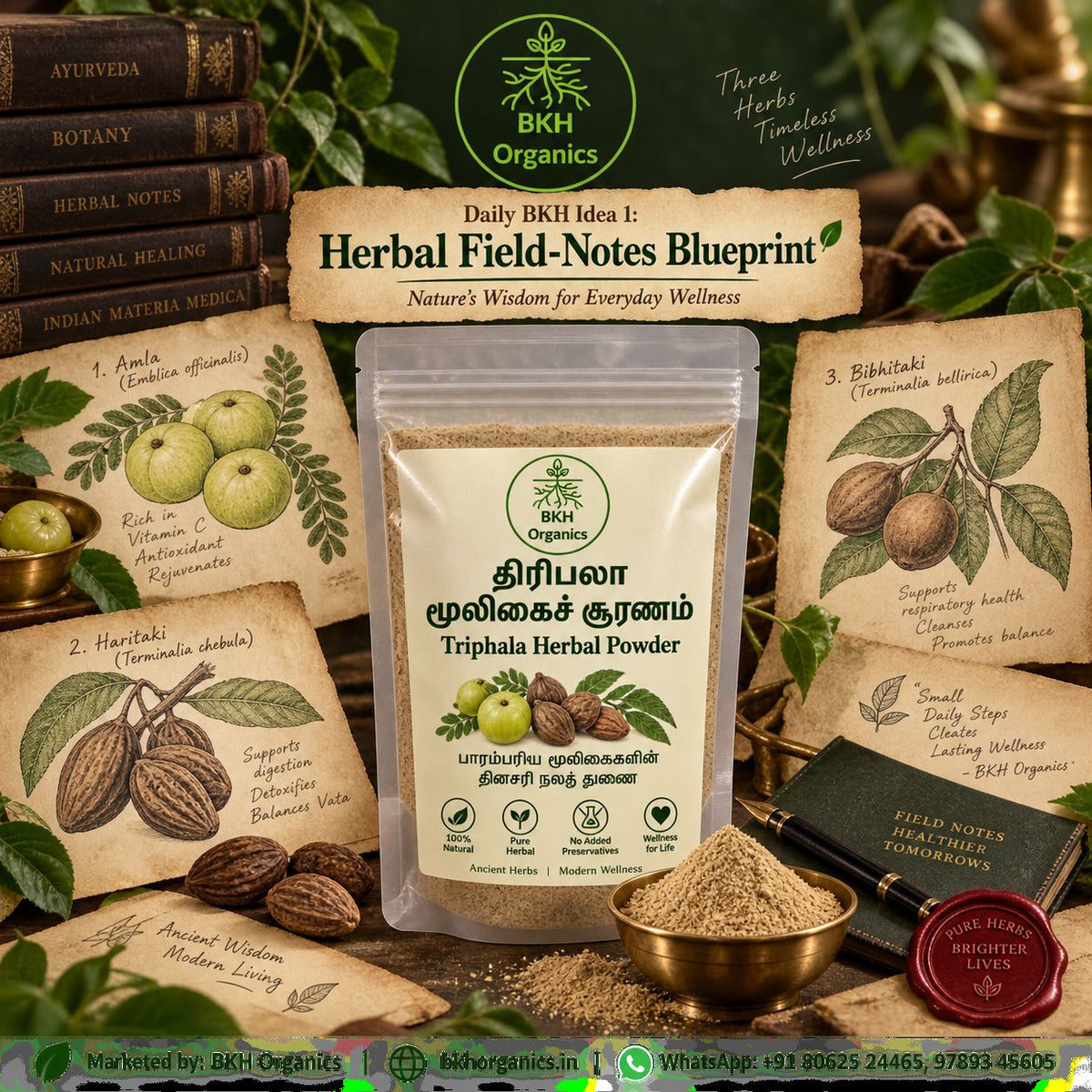 BKH Organics Triphala Herbal Powder (தமிழ்: திரிபலா சூரணம், తెలుగు: త్రిఫల చూర్ణం, ಕನ್ನಡ: ತ್ರಿಫಲ ಚೂರ್ಣ, മലയാളം: ത്രിഫല ചൂർണ്ണം, ತುಳು: ತ್ರಿಫಲ ಚೂರ್ಣ) with Amla, Haritaki, and Bibhitaki botanical field notes for digestion and detox