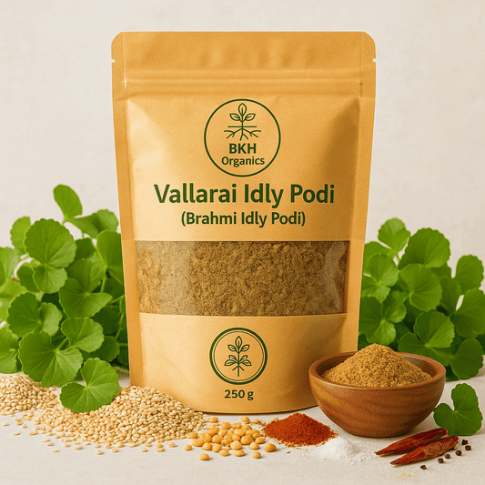 Vallarai Idly Podi package with ingredients on a light background