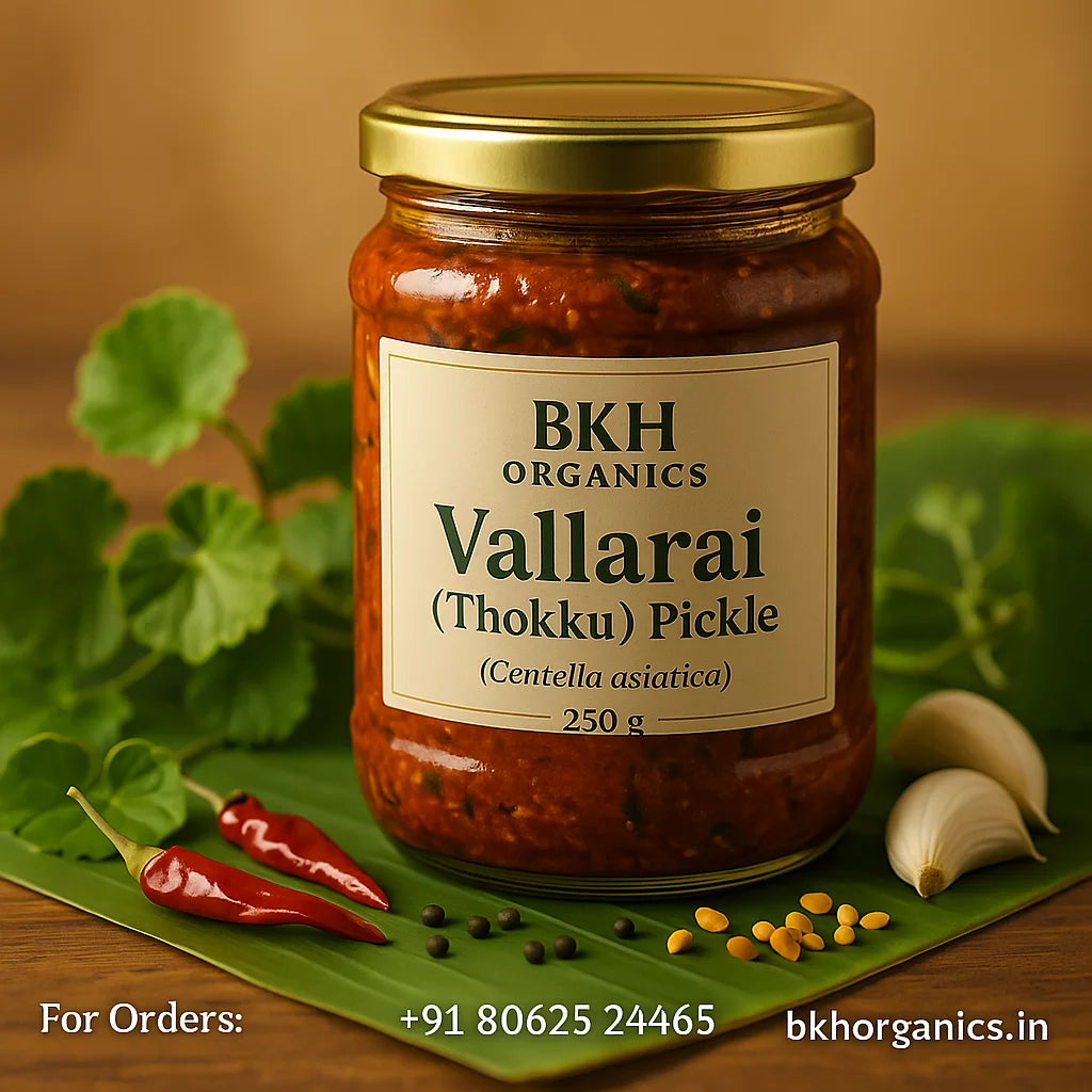 Jar of BKH Organics Vallarai Pickle with label and ingredients on a green mat, Centella asiatica