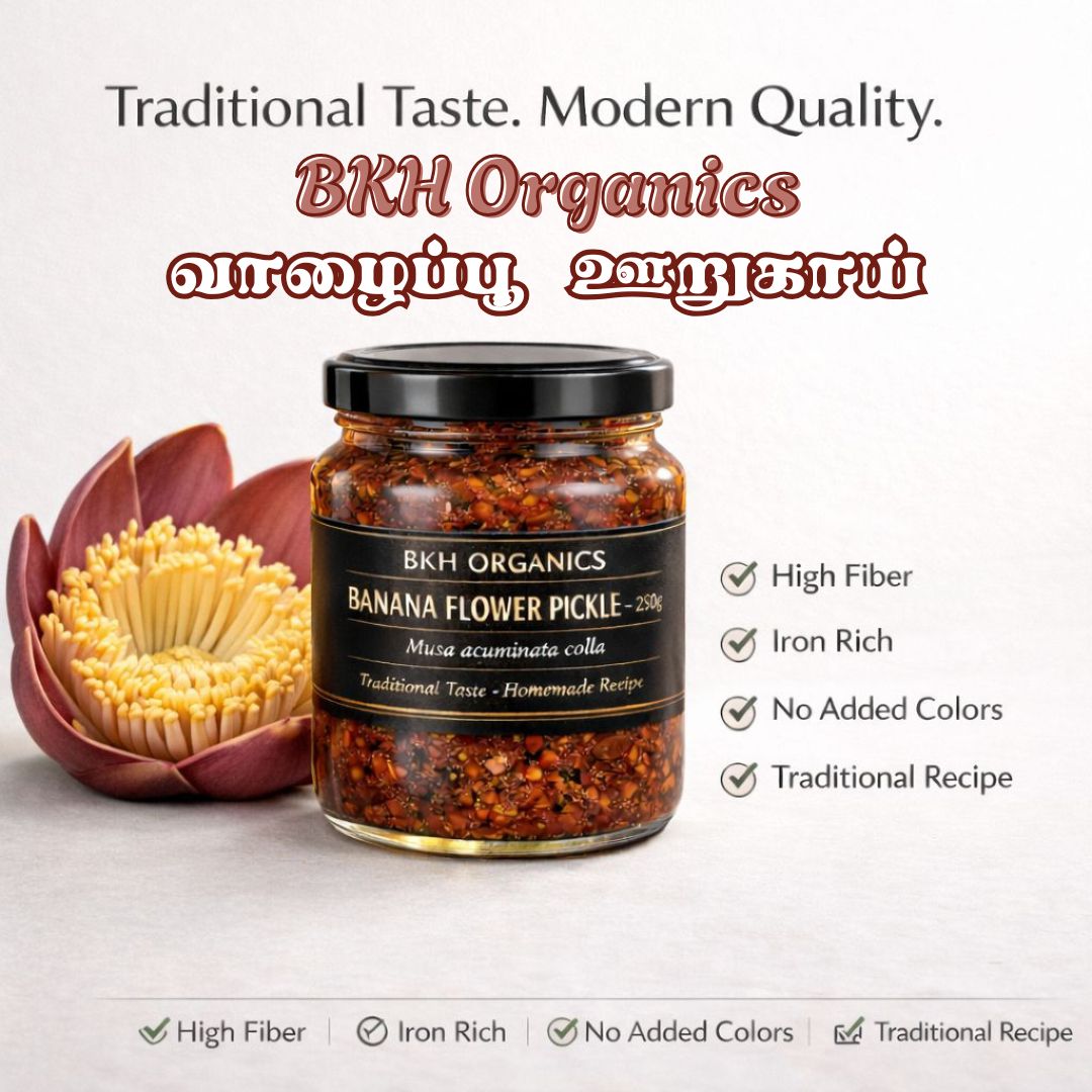 BKH Organics banana flower pickle jar with banana flower on a light background