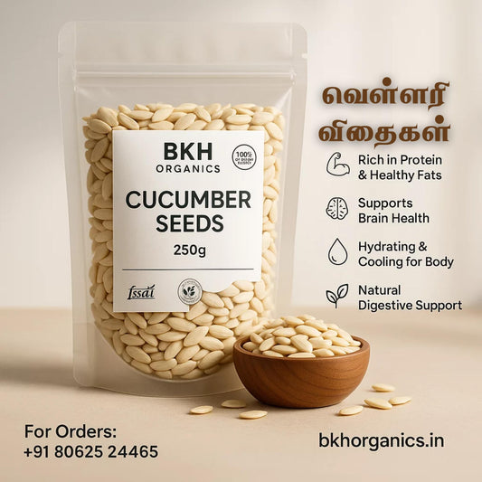 BKH Organics cucumber seeds packaging with seeds in a bowl on a beige background