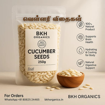 BKH Organics cucumber seeds packaging with text on a beige background
