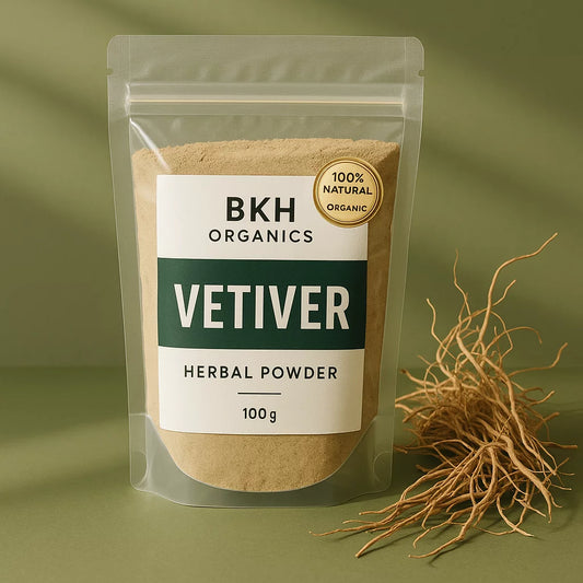BKH Organics Vetiver herbal powder package on a green background