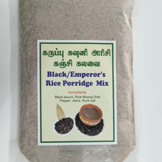 Bag of Black/Emperor's Rice Porridge Mix with a label on a white background