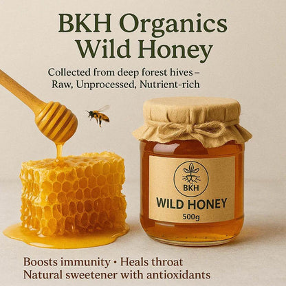 BKH Organics Wild Honey jar with honeycomb and honey dipper on a beige background Wild Honey 500g - BKH Organics