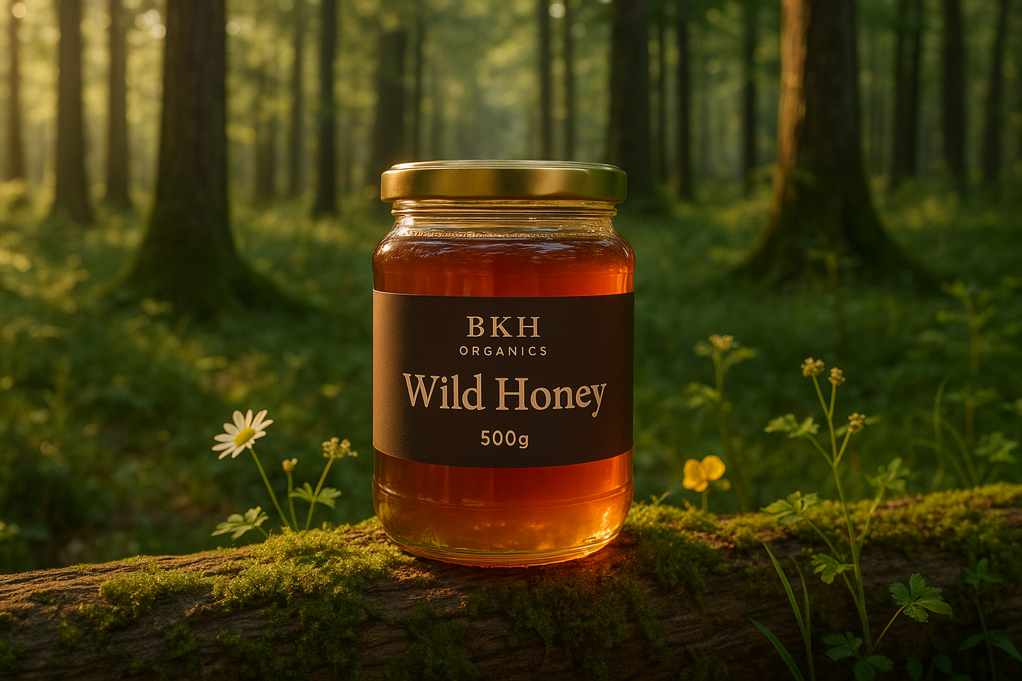 Make this image surrounded by the nature forest in a sunny morning. BKH Organics Pure Wild Honey
