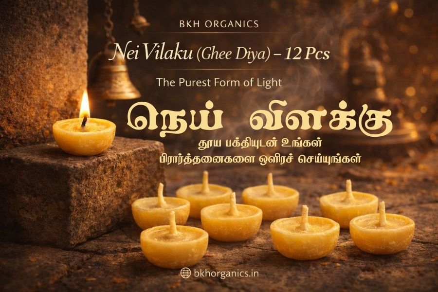 BHK Organics Nei Vilaku Ghee Diya candles on a textured surface with text overlay.