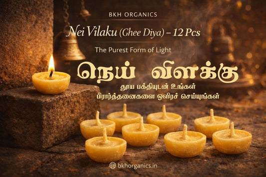 BHK Organics Nei Vilaku Ghee Diya candles on a textured surface with text overlay.
