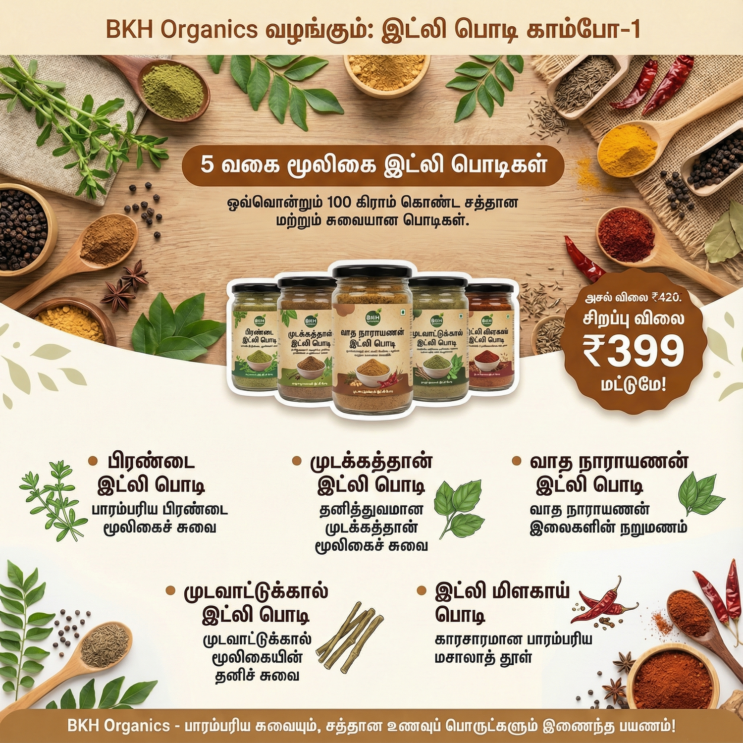 Promotional image of BKH Organics products with spices and herbs on a wooden surface.